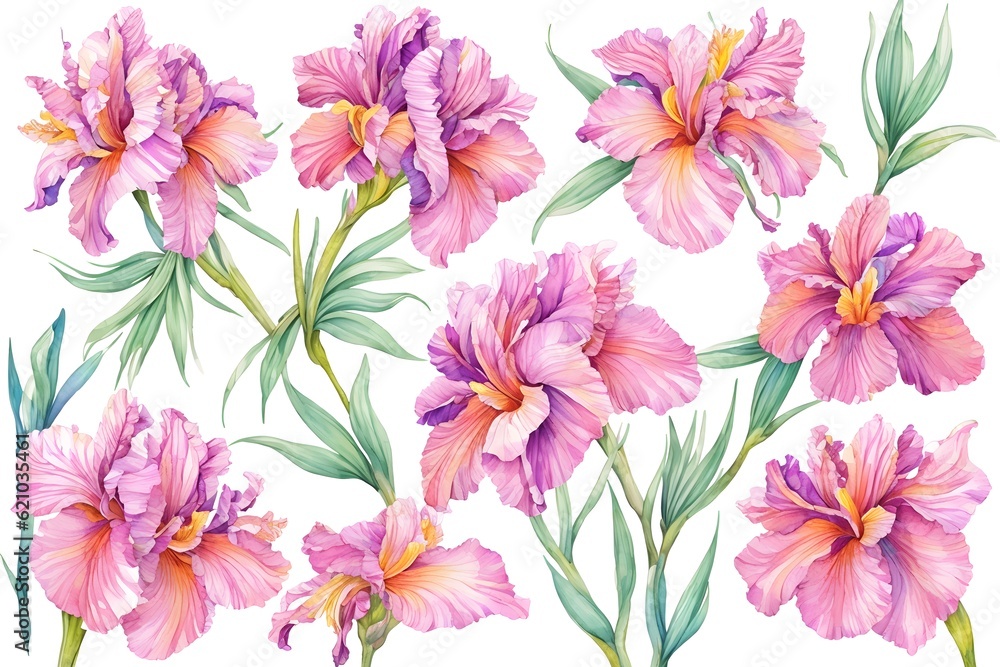 Watercolor drawing with irises and leaves. Mother's Day card. Floral pattern for wallpaper or fabric with iris flowers. Templates for design, botanical illustration in watercolor style. Generative AI
