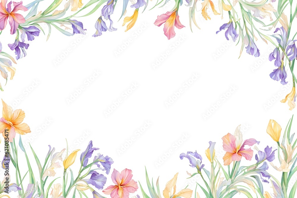 Watercolor drawing with irises and leaves. Mother's Day card. Floral pattern for wallpaper or fabric with iris flowers. Templates for design, botanical illustration in watercolor style. Generative AI