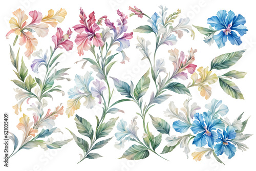 Watercolor drawing with Gladiolus and leaves. Mother's Day card. Floral design with Gladiolus flowers. Templates for design, botanical illustration in watercolor style. Generative AI