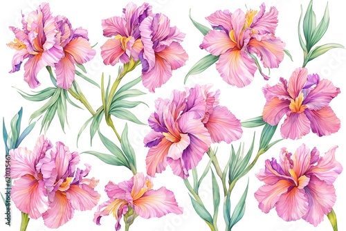 Watercolor drawing with irises and leaves. Mother's Day card. Floral pattern for wallpaper or fabric with iris flowers. Templates for design, botanical illustration in watercolor style. Generative AI © 360VP
