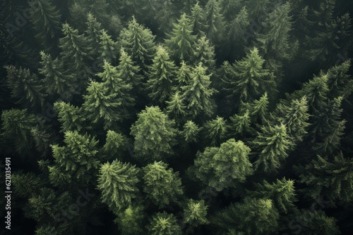 Aerial shot of evergreen coniferous forest, top down view. Generative ai image