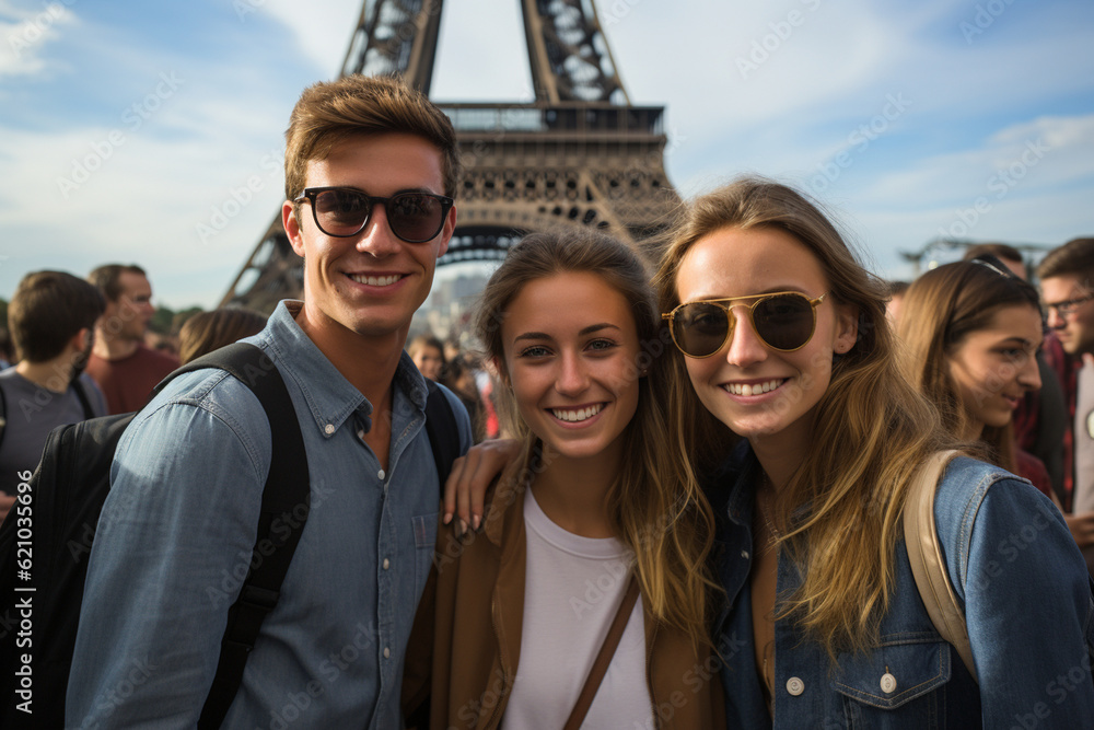 Group photo of tourists in front of a famous landmark, tourist, trips Generative AI Group photo of tourists in front of a famous landmark, tourist, trips Generative AI