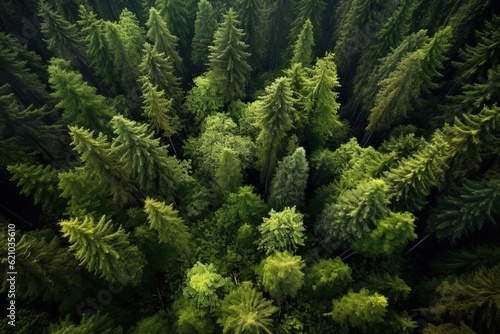 Aerial shot of evergreen coniferous forest, top down view. Generative ai image