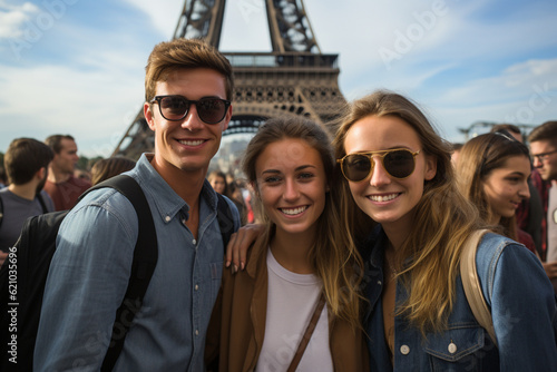 Group photo of tourists in front of a famous landmark, tourist, trips Generative AI © Катерина Євтехова