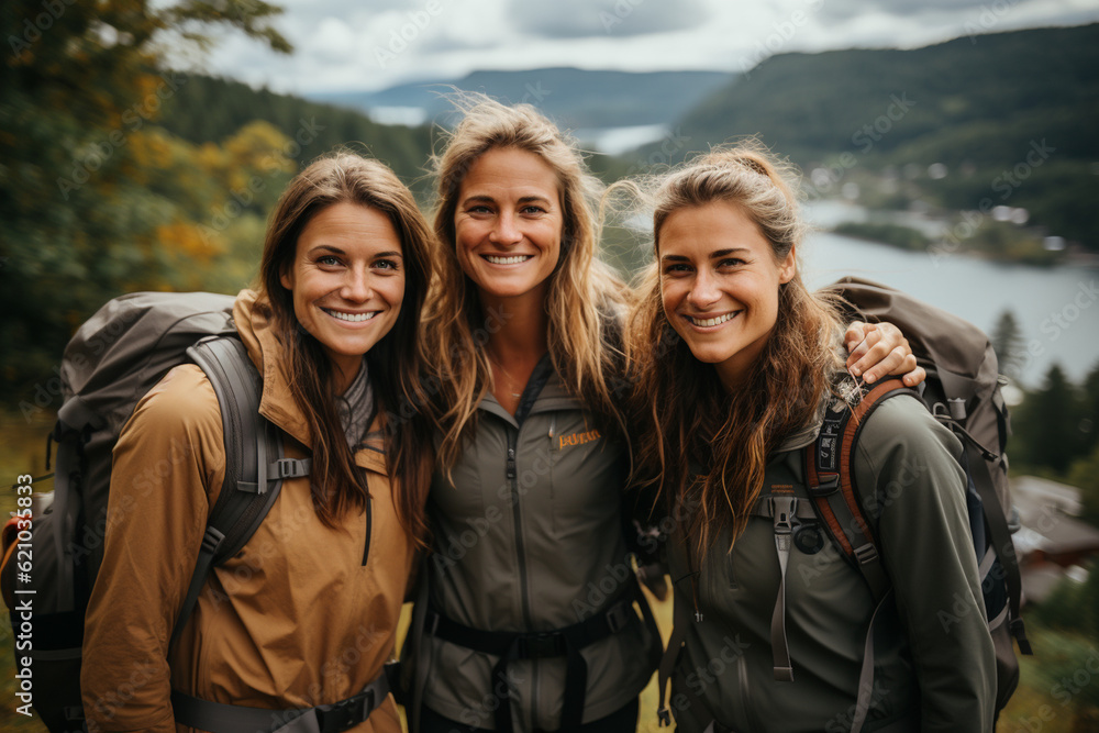 Group photo of tourists hiking and exploring a picturesque nature trail, tourist, trips Generative AI Group photo of tourists hiking and exploring a picturesque nature trail, tourist, trips Generative AI