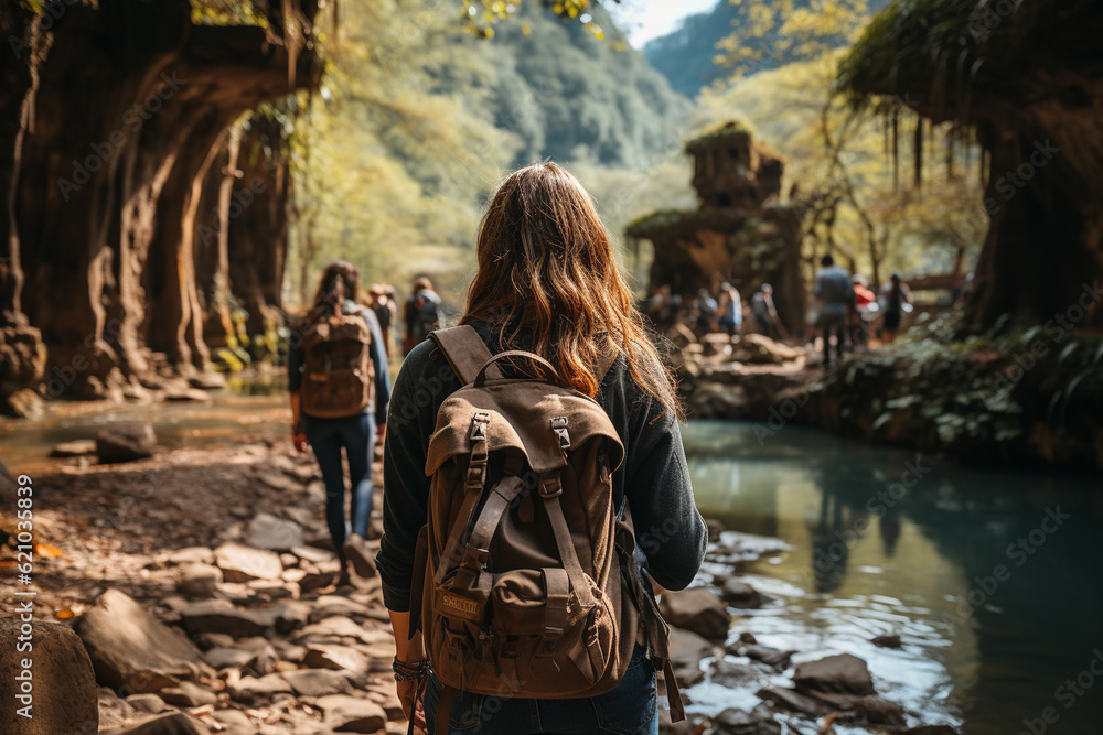 Fototapeta premium Group photo of tourists hiking and exploring a picturesque nature trail, tourist, trips Generative AI
