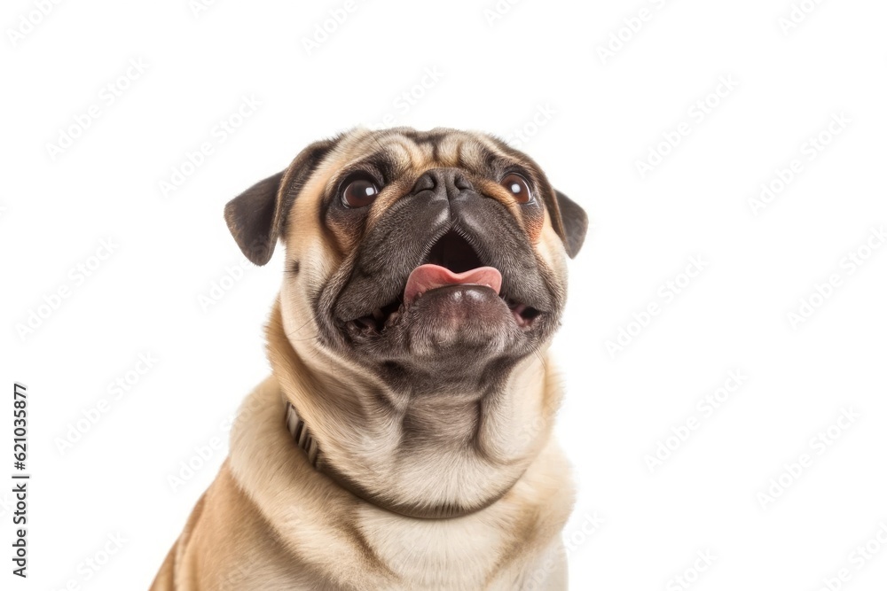 Obraz premium The pug dog sits with his eyes closed, his mouth open, and his tongue hanging out on a white backdrop.