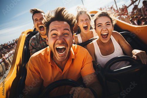 Group photo of tourists enjoying a thrilling amusement park or entertainment venue, tourist, trips Generative AI