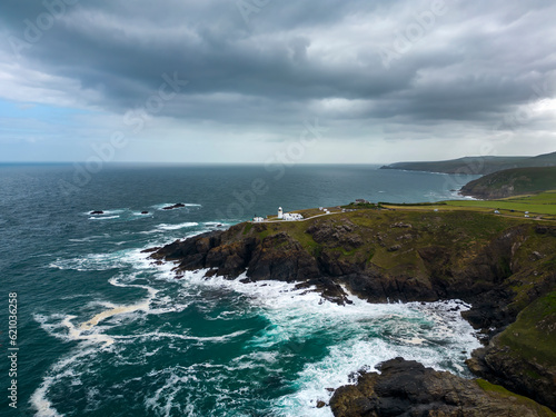 An aerial view of Pendeen Lighthouse in Cornwall, UK