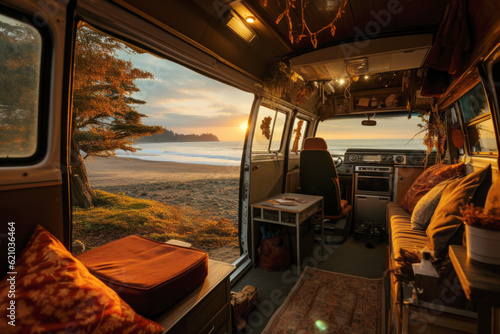 Interior of a trailer of mobile home, or recreational vehicle standing on the shore. Camping in the nature, and family travel concept. photo