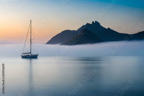 A misty morning at sea, where a solitary sailboat gracefully glides through the fog.