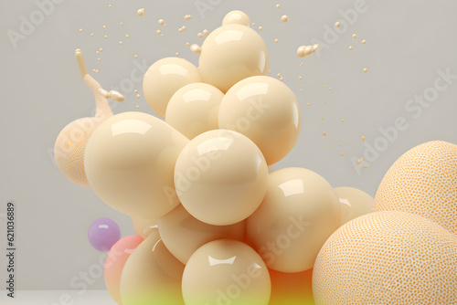 abstract plastic spheres bubbles and blobs, beige, green, purple isolated on a flat background. Abstract scene. copy space.  Generative ai (ID: 621036889)