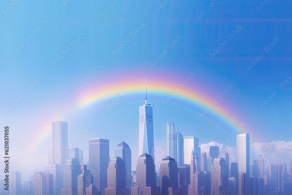 rainbow over a line of towering skyscrapers in a hazy blue sky.