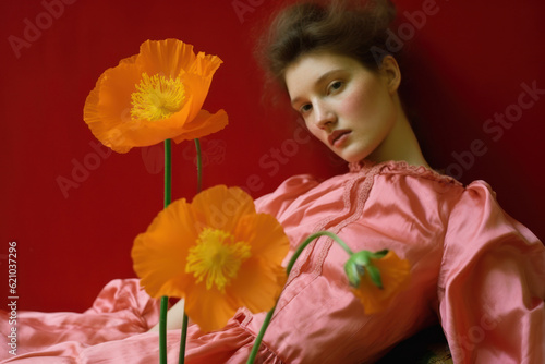portrait of a woman/model/book character surrounded by red flowers in warm daylight with a thoughtful expression in a fashion/beauty editorial magazine style film photography look - generative ai art