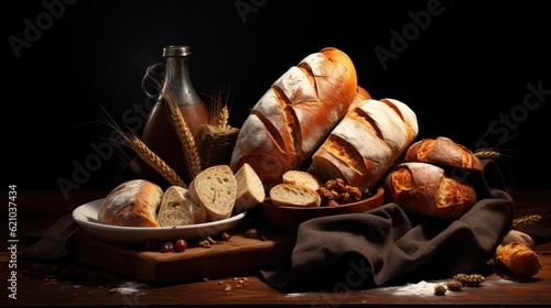 Various types of bread on dark background