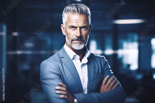 Happy middle aged business man ceo standing in office arms crossed. AI Generative content