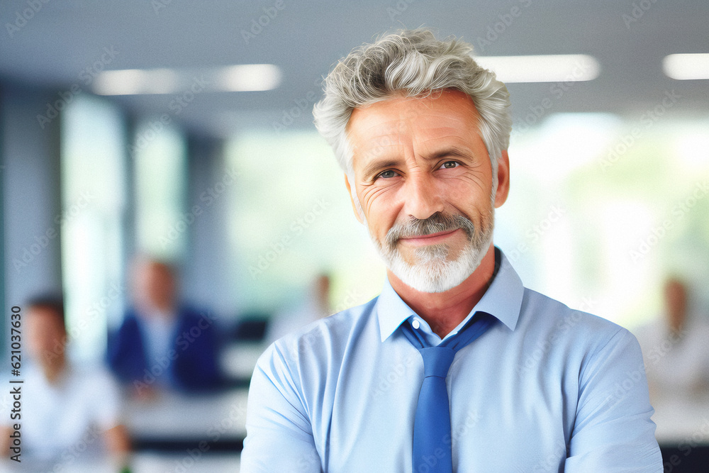 Happy middle aged business man ceo standing in office arms crossed. AI Generative content Happy middle aged business man ceo standing in office arms crossed. AI Generative content