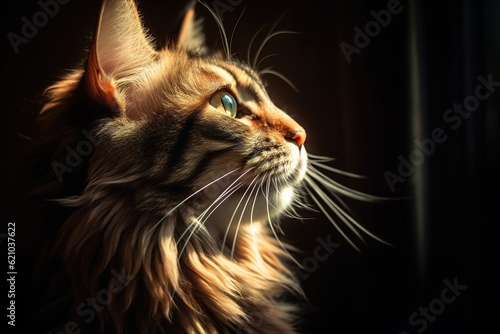 Portrait of majestic beautiful maine coon cat on black background.