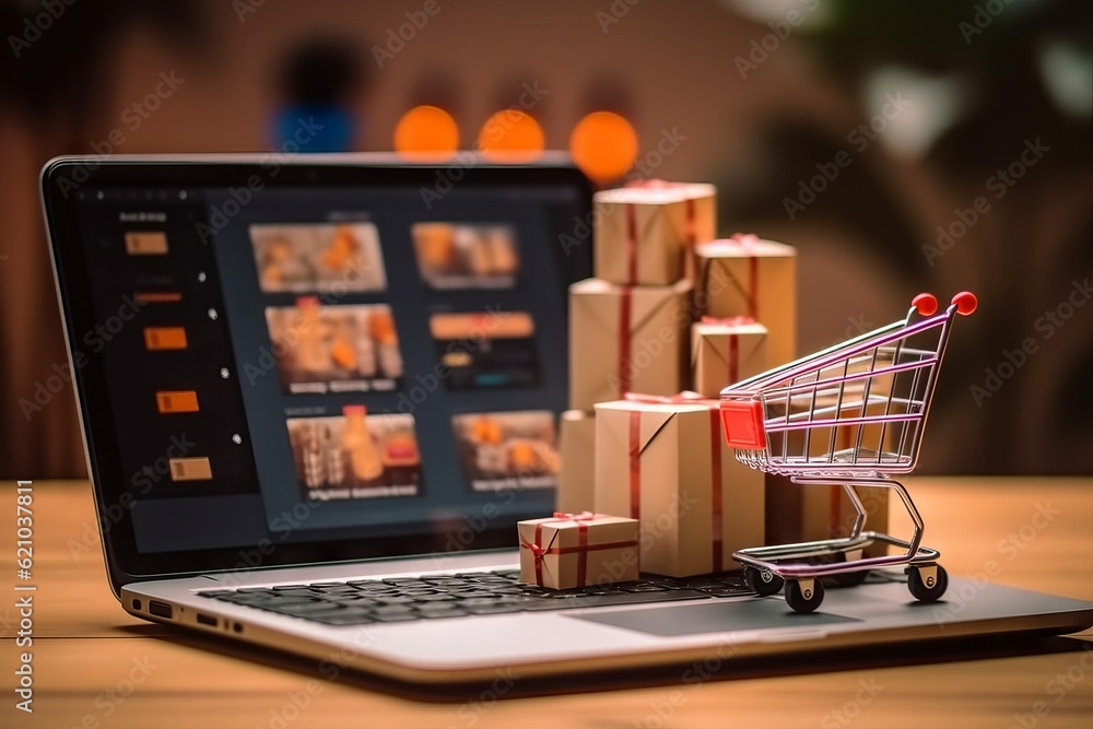 Shopping cart and gift boxes on laptop. Online shopping concept. Generative AI