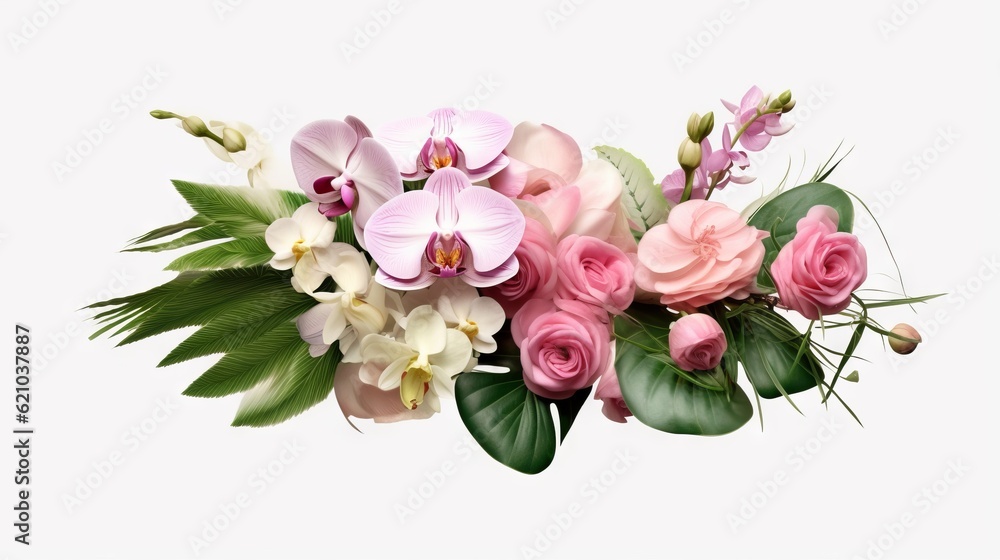 Flower bouquet with pink and white orchids, isolated on white background. Generative AI Flower bouquet with pink and white orchids, isolated on white background. Generative AI