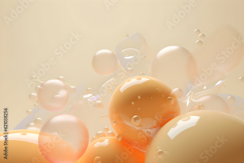 Abstract transparent translucent plastic bubbles and blobs, yellow, orange, that float in the air isolated on beige background. Abstract scene. copy space. Generative ai