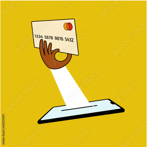 Illustration of a contactless mobile payment by credit card. Funny illustration for social media, blogs and websites. Business illustration.  photo