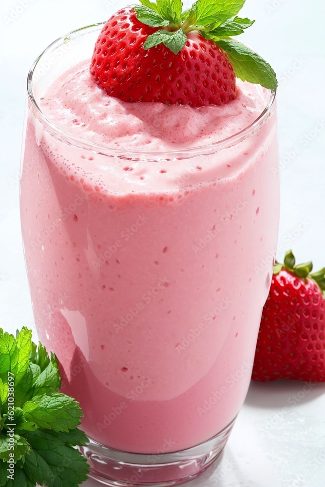 A refreshing strawberry smoothie beautifully presented in a clear glass, showcasing its vibrant pink color and creamy texture. The glass is garnished with a fresh strawberry slice and a sprig of mint. A refreshing strawberry smoothie beautifully presented in a clear glass, showcasing its vibrant pink color and creamy texture. The glass is garnished with a fresh strawberry slice and a sprig of mint.