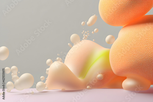  Pastel peach blobs, soaps bubbles, bubbles that float in the air isolated on gray background. Abstract scene. copy space. Generative ai