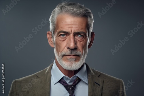 Headshot of gray hair mature male businessperson with blue eyes wearing business suit. Generative AI © VK Studio