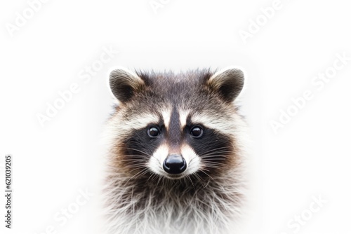 Close-up, isolated, and portrait of a raccoon on a white background. made using generative AI tools