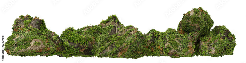 Architectural and landscape concept. Top and side view grey stone with moss isolated on transparent background. 3d rendering illustration. PNG format	
