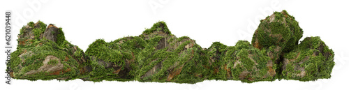 Architectural and landscape concept. Top and side view grey stone with moss isolated on transparent background. 3d rendering illustration. PNG format 