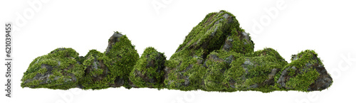 Architectural and landscape concept. Top and side view grey stone with moss isolated on transparent background. 3d rendering illustration. PNG format	
