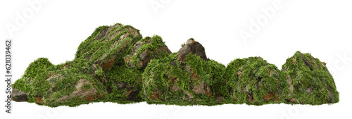 Architectural and landscape concept. Top and side view grey stone with moss isolated on transparent background. 3d rendering illustration. PNG format	
 photo