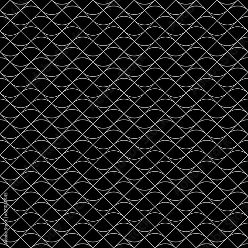 Grid motif. Ethnic embroidery ornament with repeated scallops. Scale. Repeat scallop background. Seamless surface pattern design with scales. Grill wallpaper. Crossed diagonal lines and curves. Vector