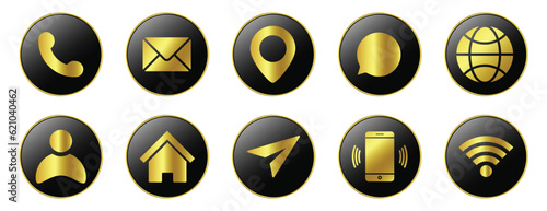 Gold Contact Us Icons Set, Glossy Contact Icon, Modern Technology Icon Set With Shiny 3D Button Social Media Symbol, Call, Home Button, Message, Website, Wifi, UI UX Push Button