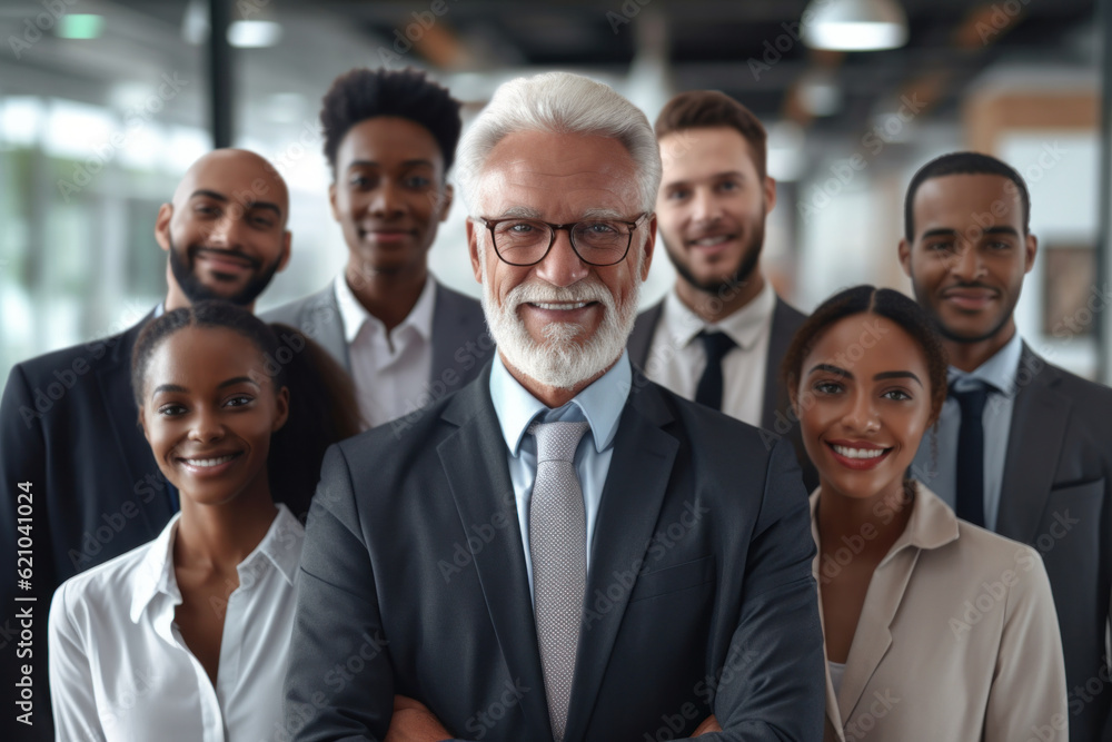 Grayhaired male team leader in suit with diverse multiracial employees. Company staff. Generative AI Grayhaired male team leader in suit with diverse multiracial employees. Company staff. Generative AI