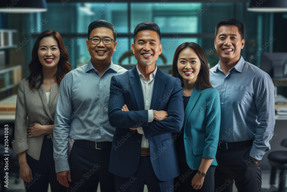 Obraz premium Asian employees and male business team leader in office, group corporate portrait. Generative AI