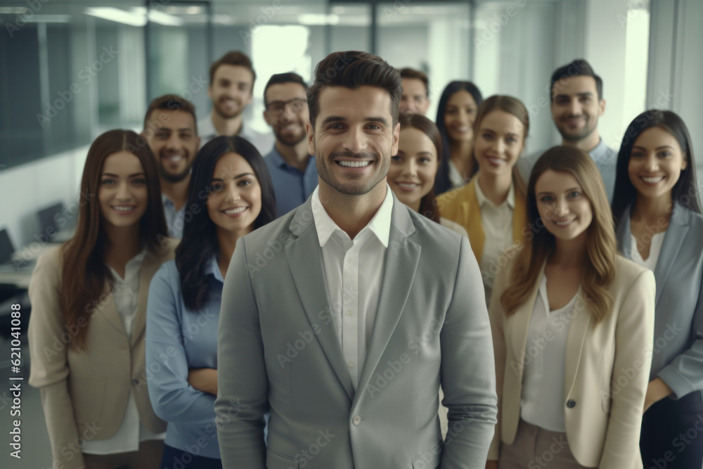 Male business coach pose together with office workers group, business team coaching. Generative AI Male business coach pose together with office workers group, business team coaching. Generative AI