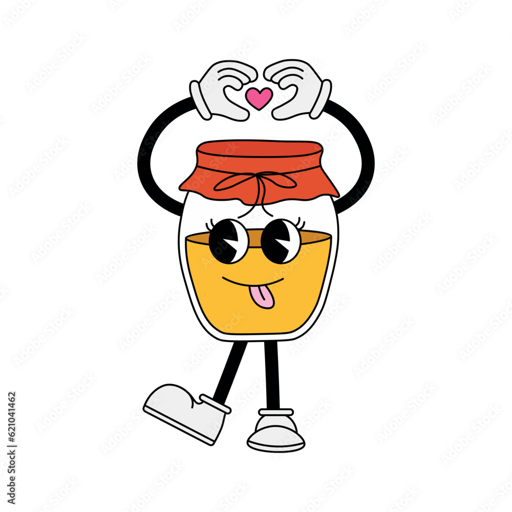Honey jar character in 70s cartoon style. Funny character in retro style. Vector illustration isolated on white background Honey jar character in 70s cartoon style. Funny character in retro style. Vector illustration isolated on white background