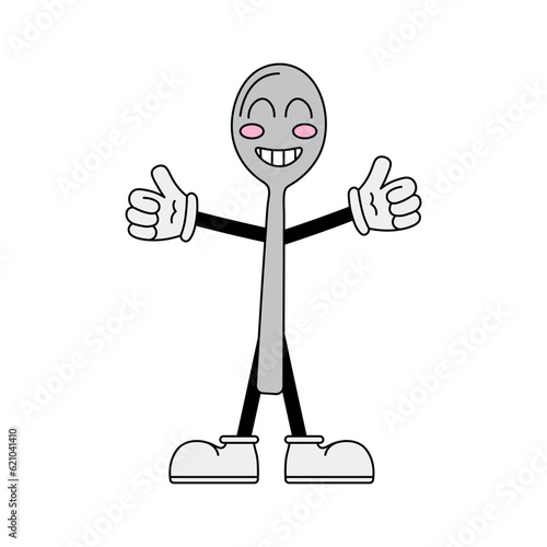Teaspoon character in 70s cartoon style. Funny character in retro style. Vector illustration isolated on white background