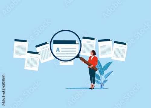 Woman holding magnifying glass. Looking through candidates resume in search. Company staff recruitment concept. Vector illustration
