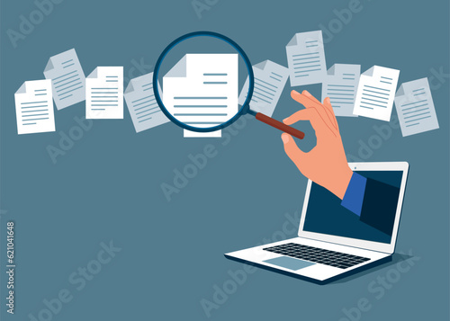 Online looking through candidates resume in search. Flat vector illustration