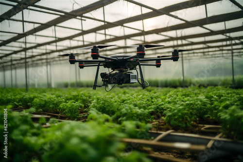 AI generative image of modern agriculture. Drone operating over field of crops