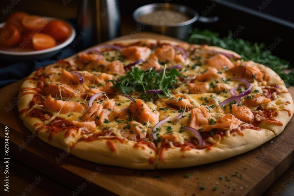 Cheese Pizza with seafoods and chilli sauces, onion, coriander, Famous Pizza