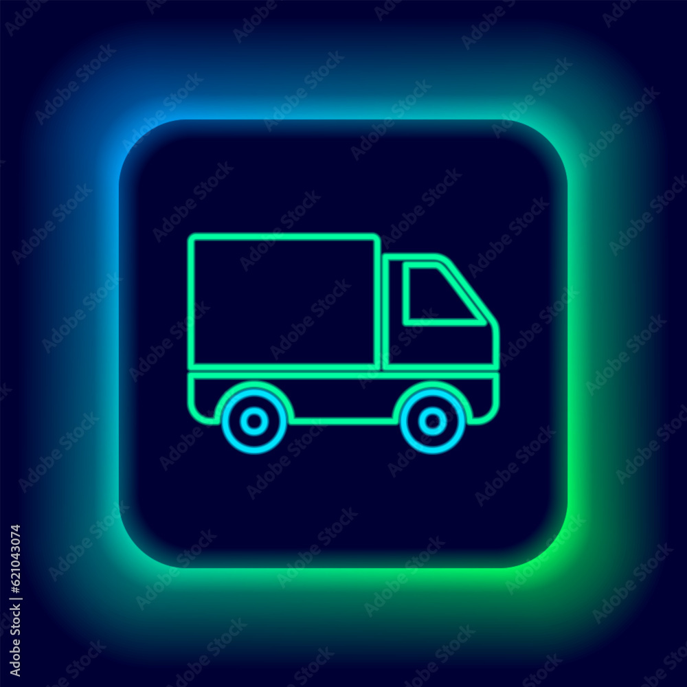 Glowing neon line Delivery cargo truck vehicle icon isolated on black background. Colorful outline concept. Vector Glowing neon line Delivery cargo truck vehicle icon isolated on black background. Colorful outline concept. Vector