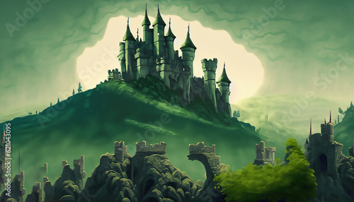 Castle on top of a hill! Fantasy background with green color theme
