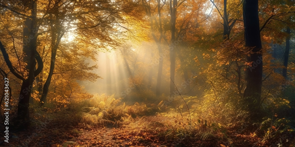 Beautiful autumn deciduous forest with sunbeams and light fog. Generative AI