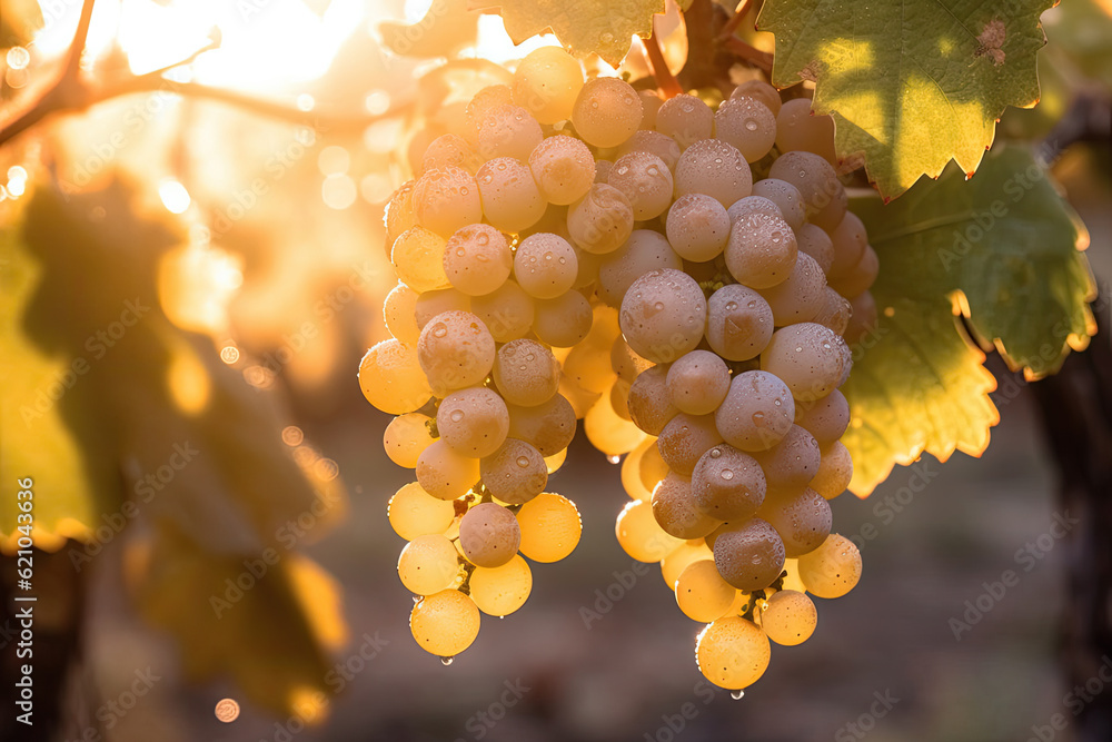 Fototapeta premium Thompson grapes clusters hanging from branches still wet with morning dew