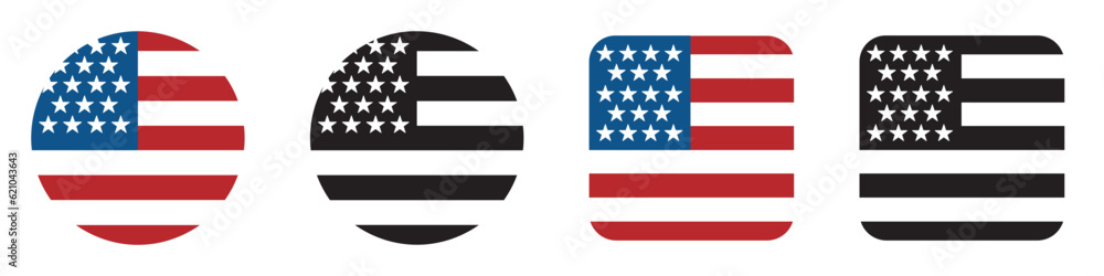 Set of American flag icons. USA flag symbol, United States of America. National circle flag. Vector. Set of American flag icons. USA flag symbol, United States of America. National circle flag. Vector.